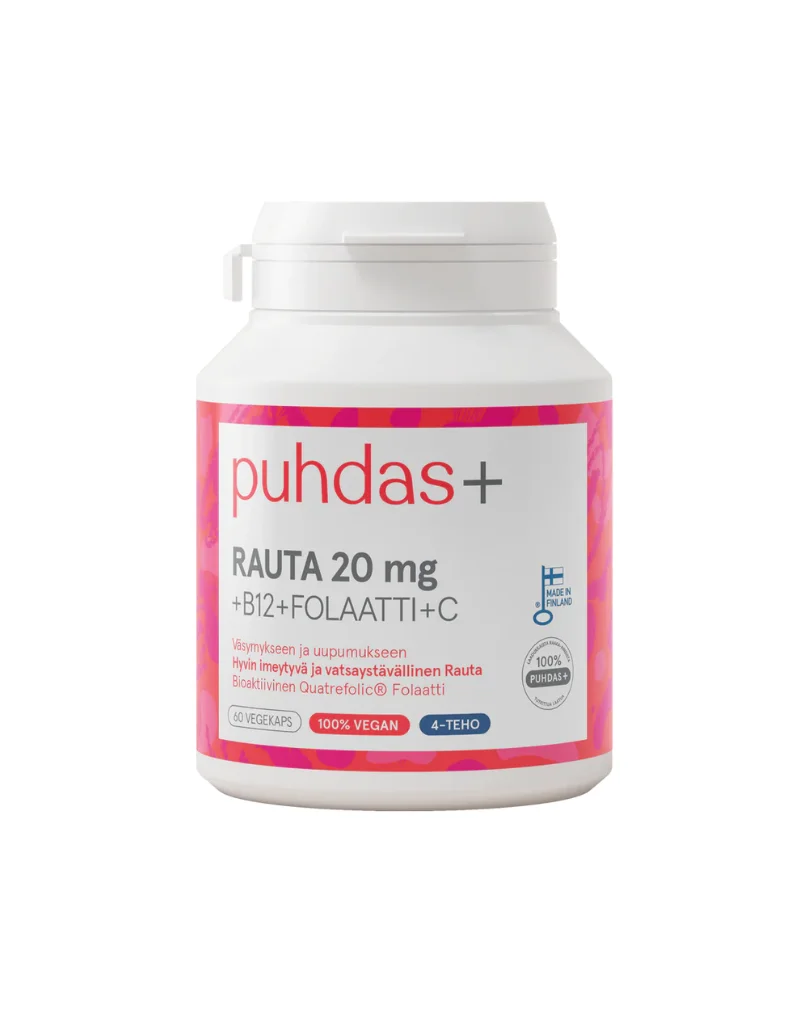 Puhdas+ Rauta 20 mg + B12 + Folaatti + C, 60 kaps.