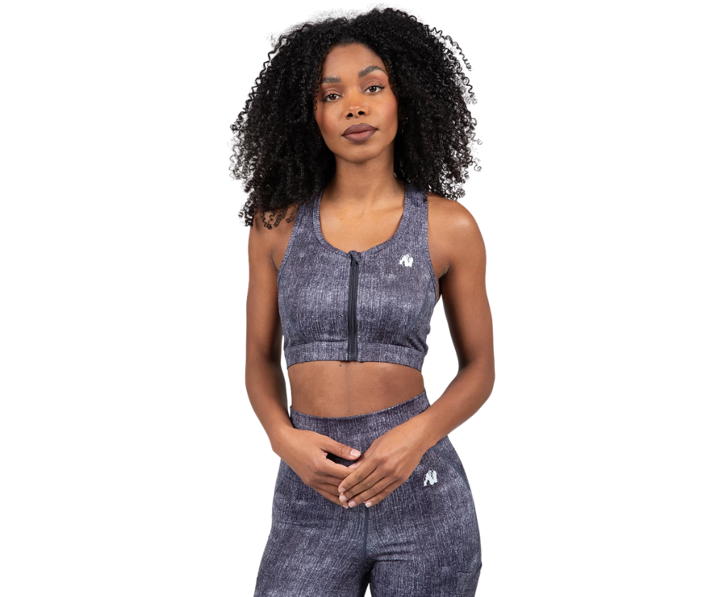 Gorilla Wear Camilla Zip-Front Sports Bra, Blue Denim